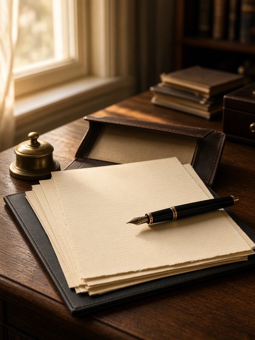 Birou notarial: documente, stilou și lumină caldă de după-amiază pe masa de lucru