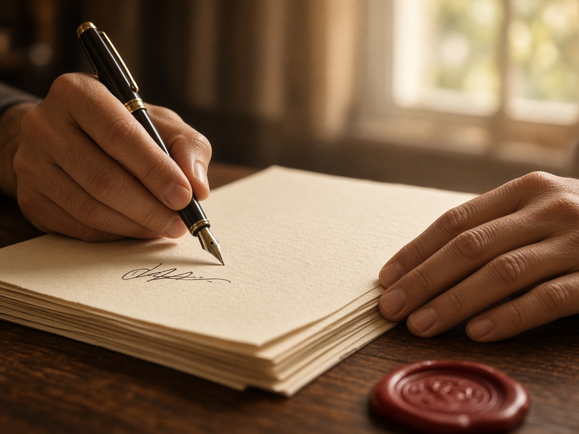 Mâini semnând un act notarial, detaliu