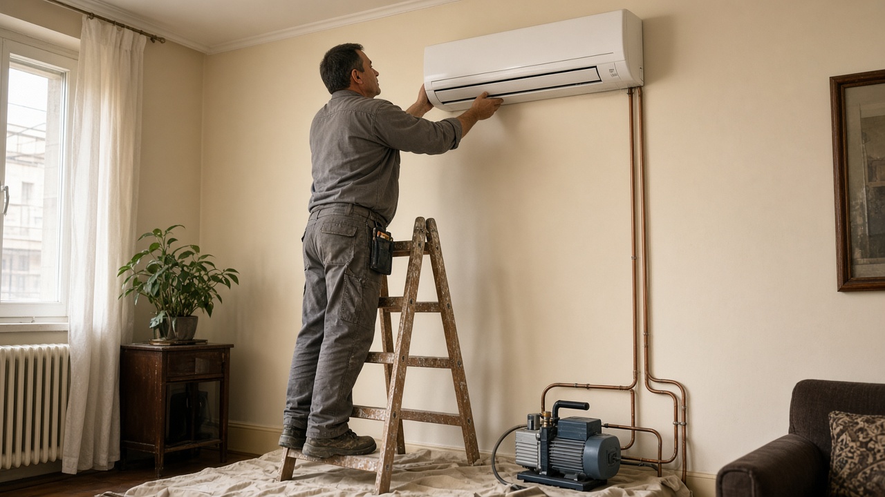 Tehnician AERIS montează un aparat split pe peretele unui living