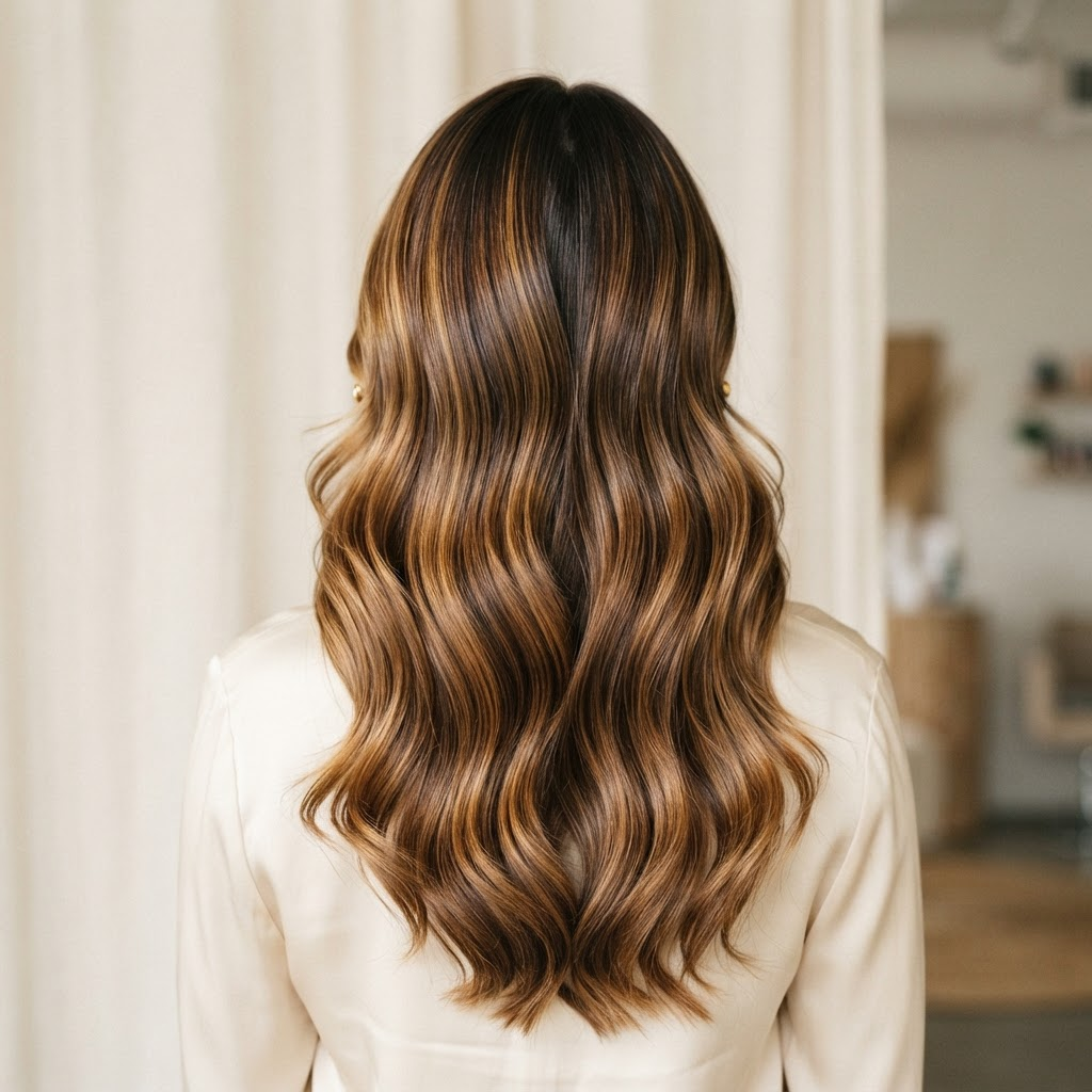 Balayage caramel pe păr lung, ondulat