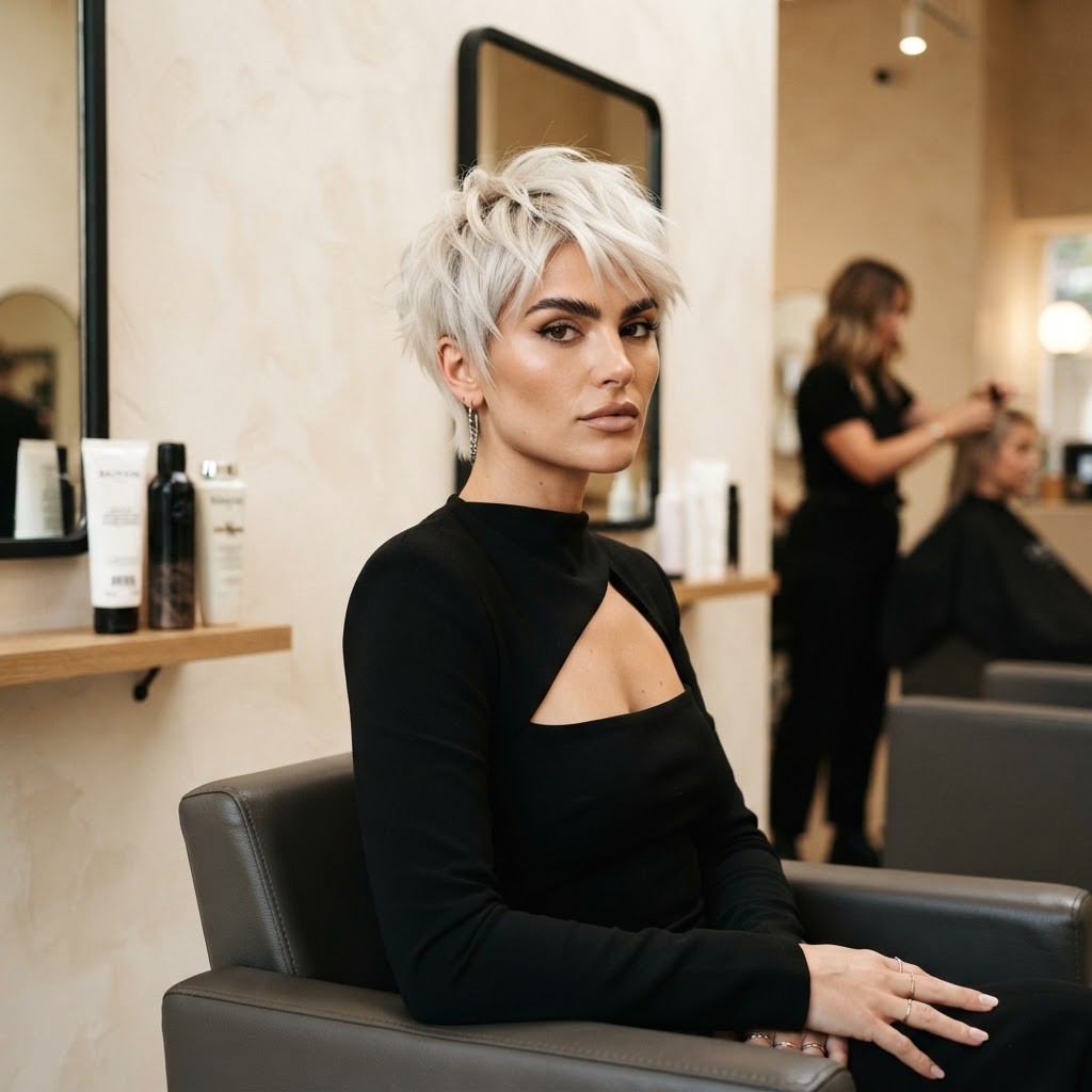 Pixie cut blond platinat, look grafic