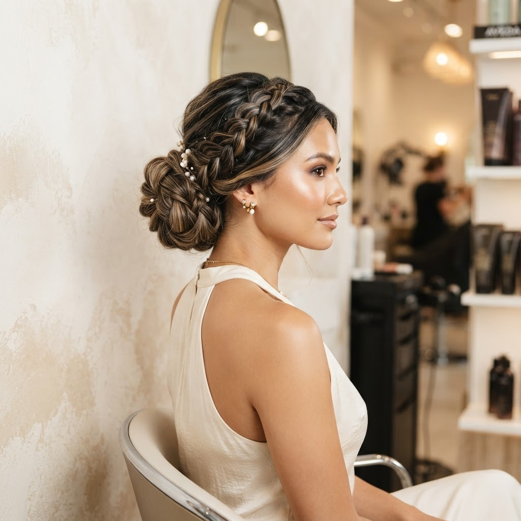 Coafură elegantă de eveniment cu detaliu împletit