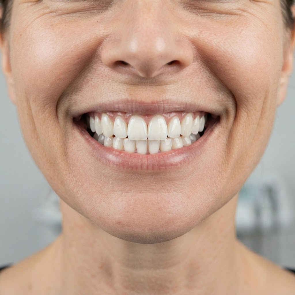 Zâmbet cu dinți albi și aliniați, după tratament de estetică dentară