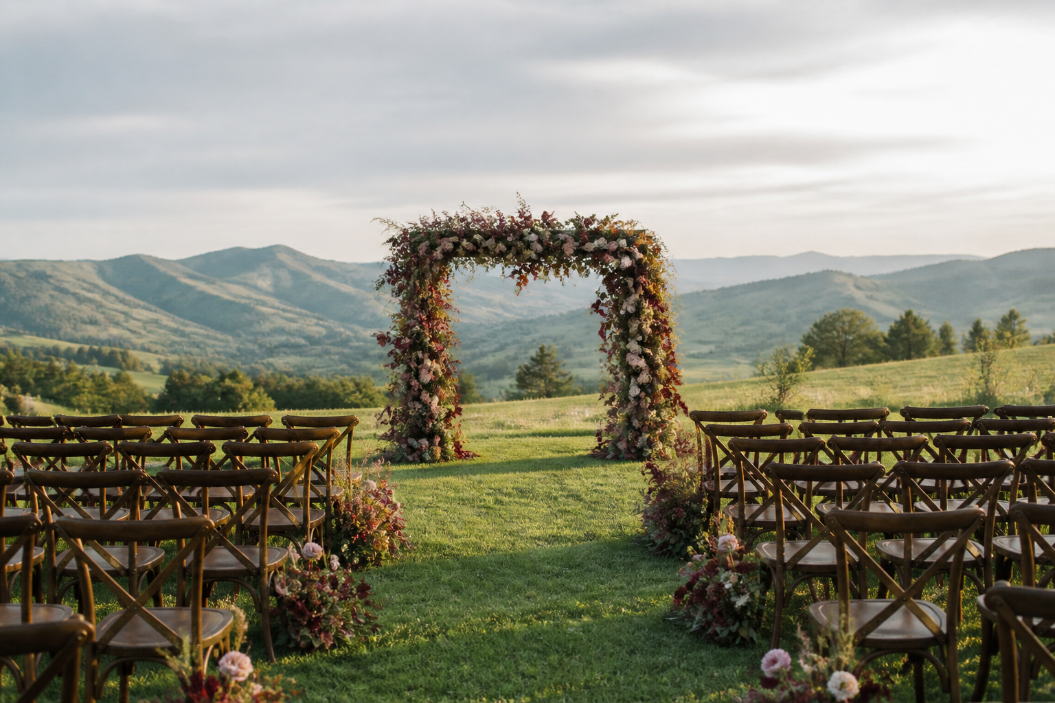 Zona de ceremonie în aer liber, cu scaune de lemn și arcadă florală