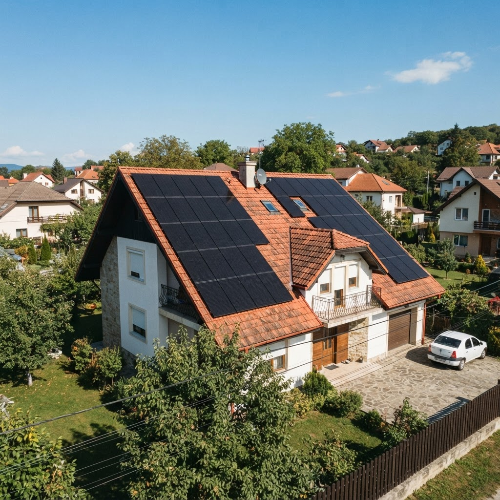 Sistem fotovoltaic de 6 kWp montat pe acoperiș de casă în Dumbrăvița