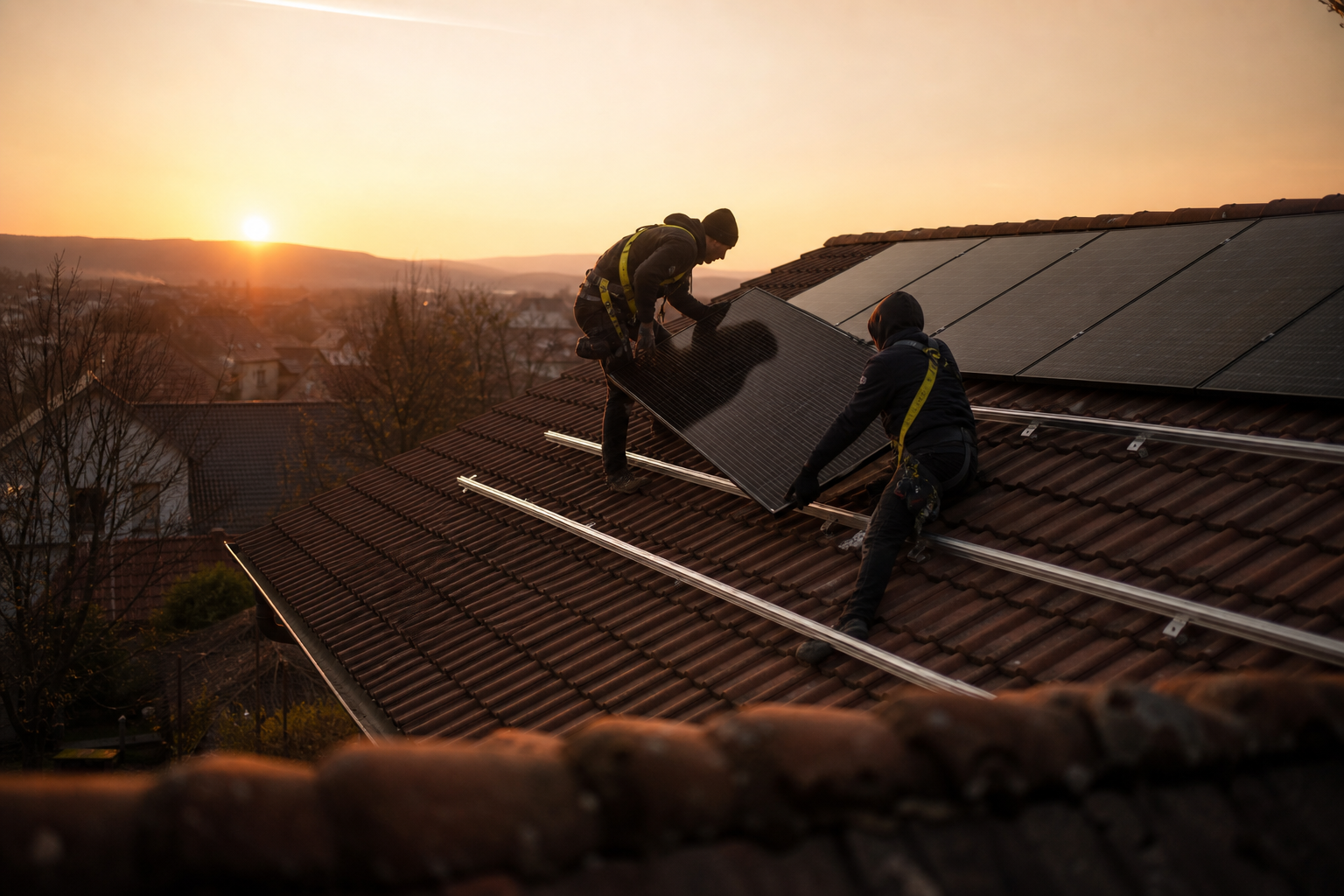 Doi instalatori montează un panou fotovoltaic pe acoperiș de țiglă, la apus