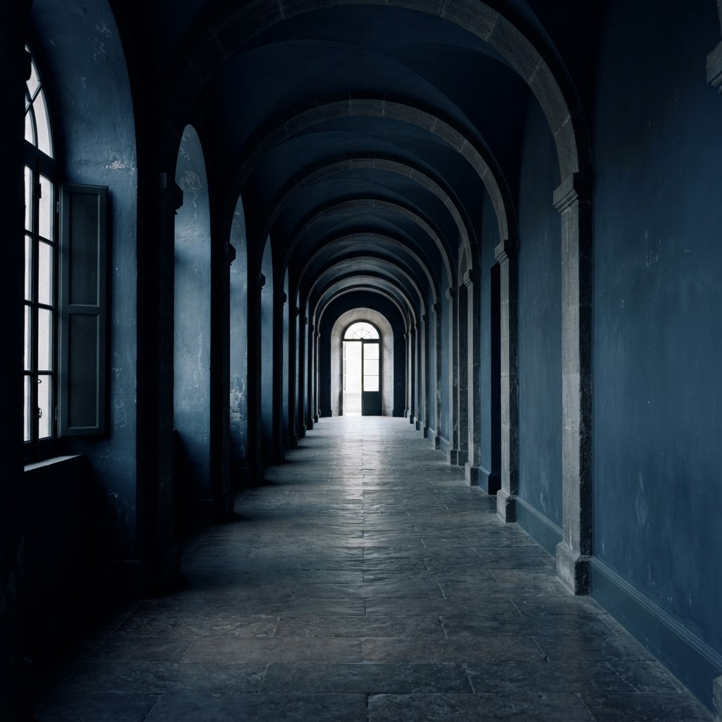 Coridor de piatră cu bolți, într-o clădire instituțională, în tonuri de albastru închis.