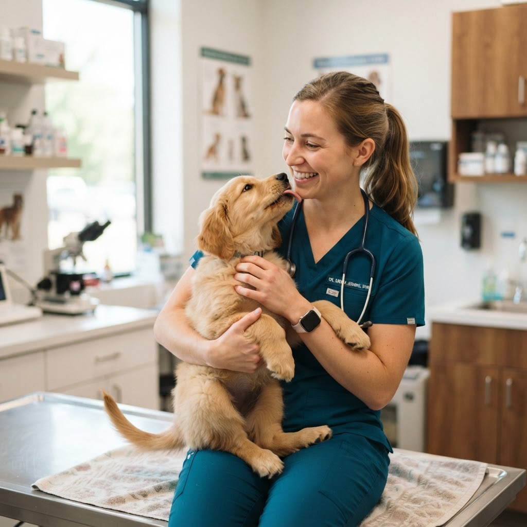 Medic veterinar ținând în brațe un cățel, în lumina de dimineață a cabinetului
