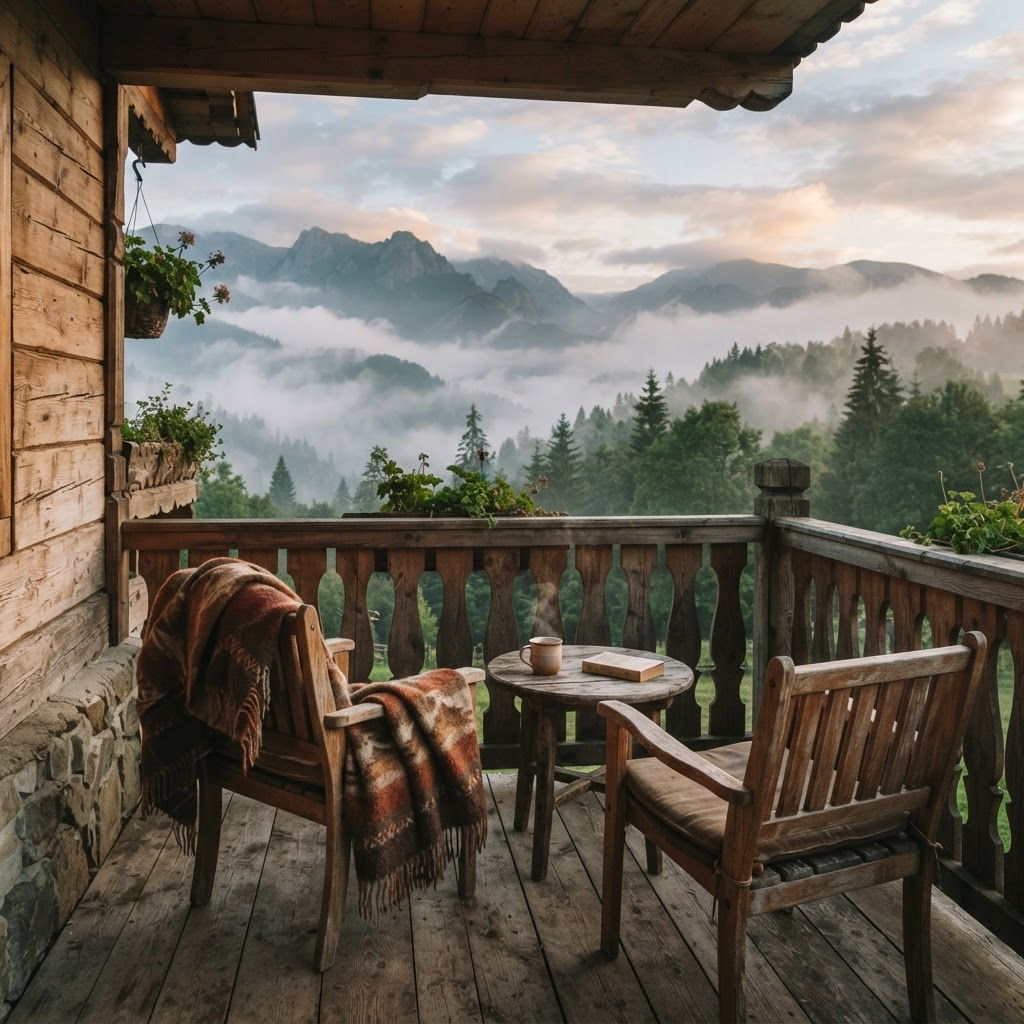 Balconul camerei superioare cu vedere la munte