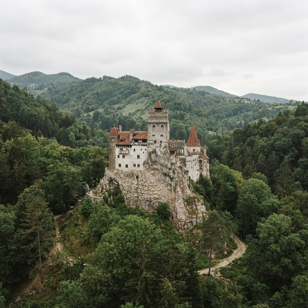 Castelul Bran pe dealul stâncos înconjurat de pădure