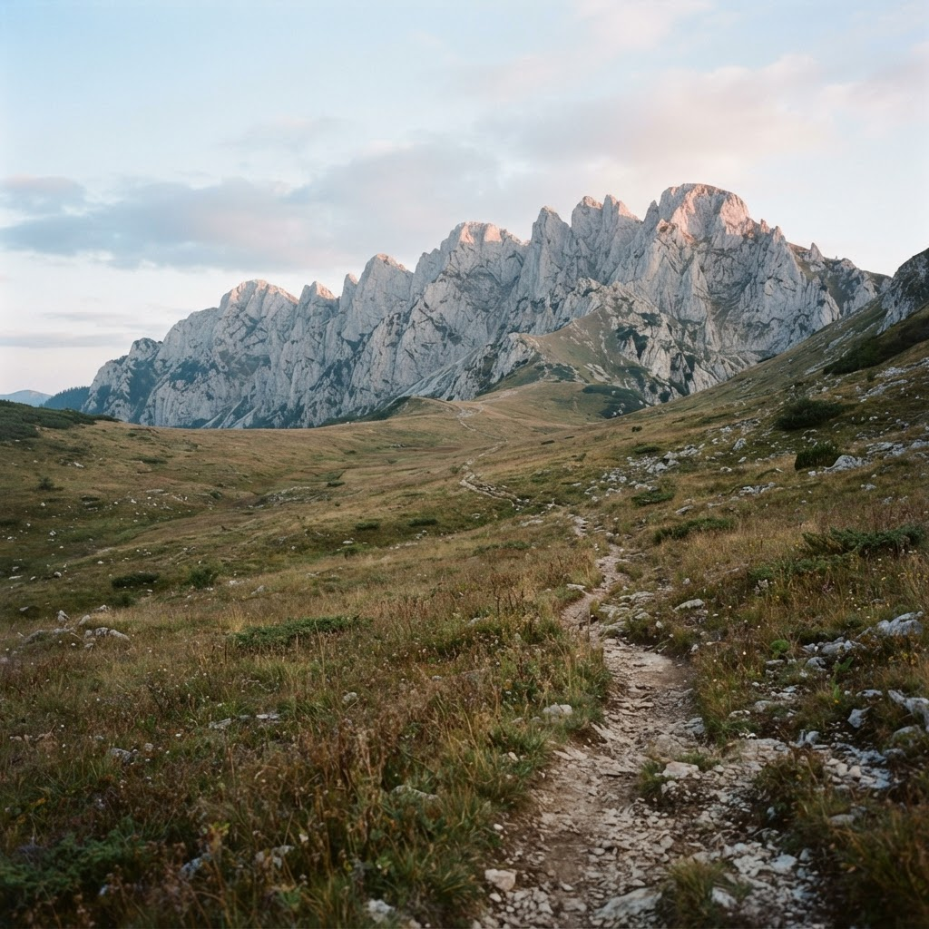 Creasta Pietrei Craiului cu potecă prin pajiște alpină