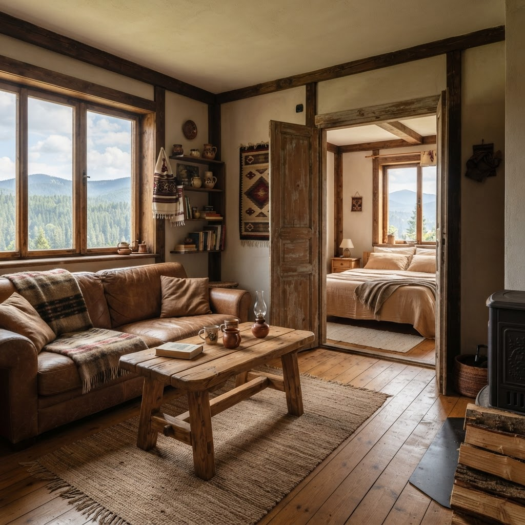 Apartamentul familial cu living și dormitor vizibil prin ușa deschisă