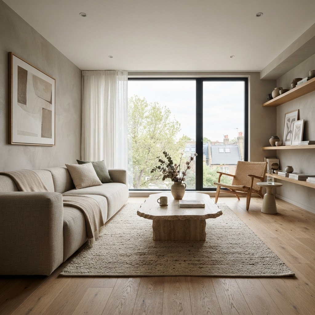 Living-ul apartamentului Someș, cu podea din stejar și canapea din in