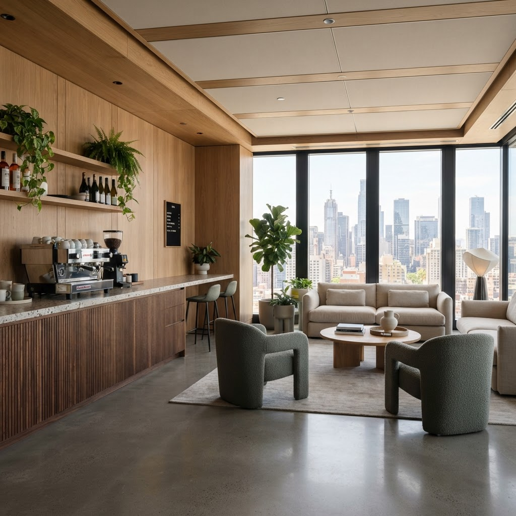 Zonă de lounge și cafea cu mobilier moale și plante