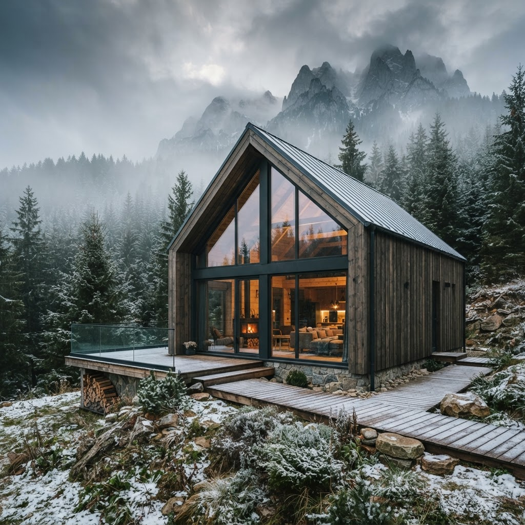 Cabana contemporană din lemn din Munții Carpați, cu perete vitrat spre pădure