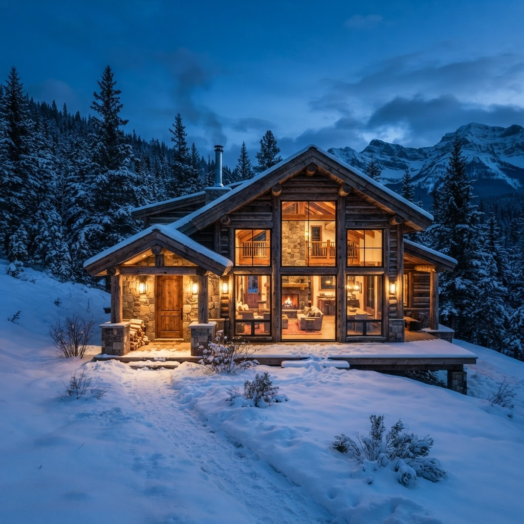 Cabana din lemn la apus, cu lumină caldă în interior și zăpadă în jur