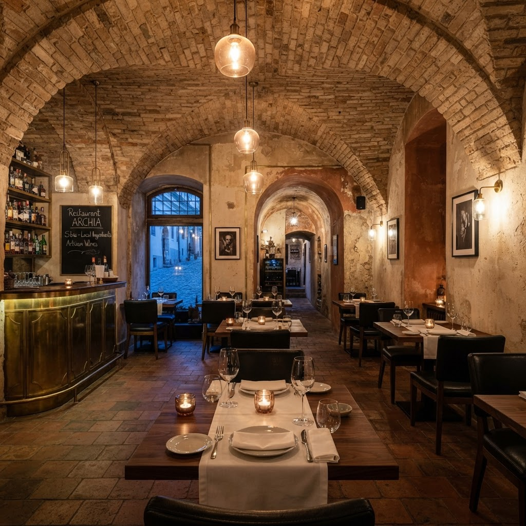 Interior de restaurant contemporan sub bolți de cărămidă restaurate, în Sibiu