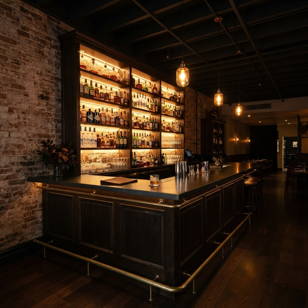 Barul restaurantului cu alamă, lemn închis și rafturi iluminate