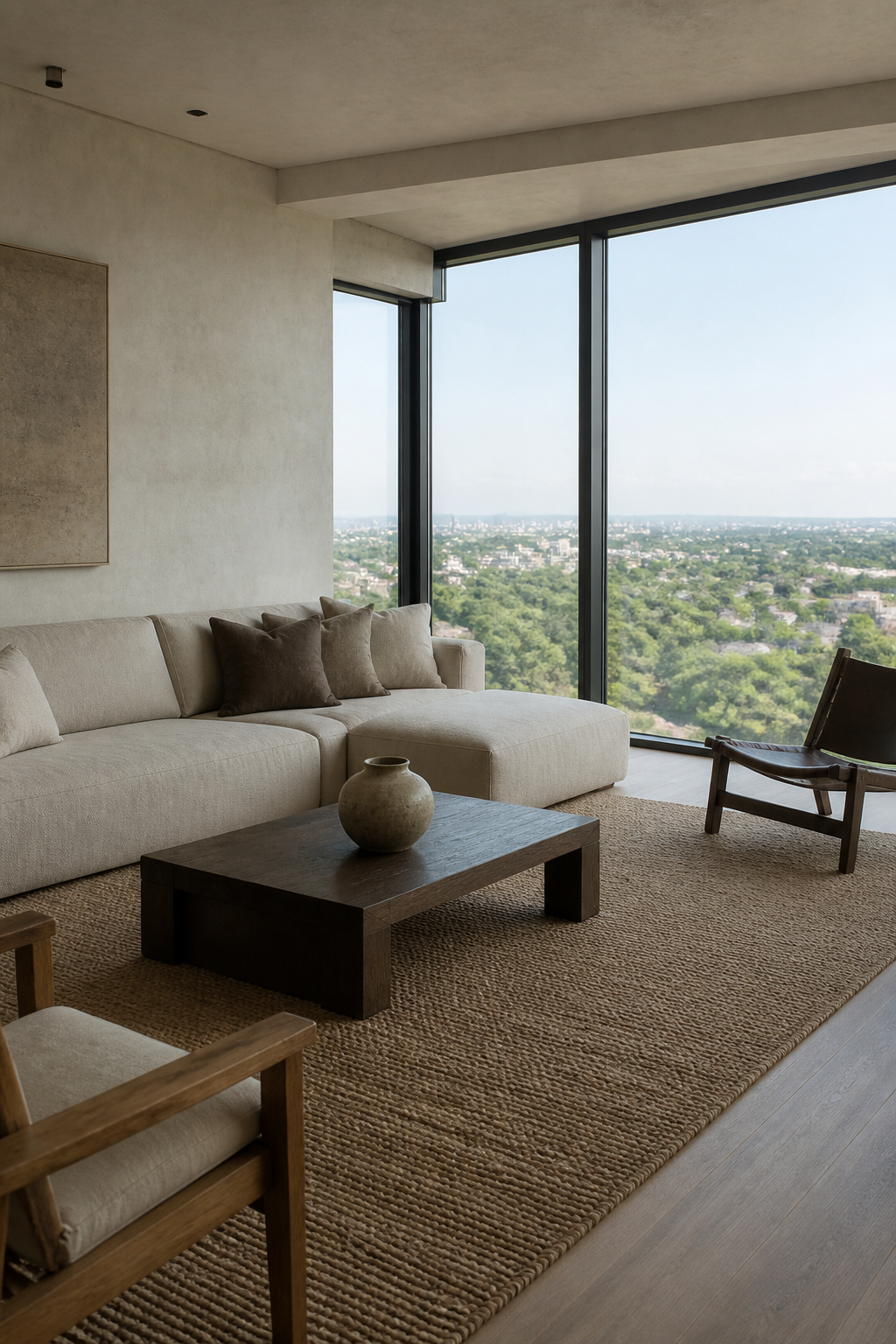 Penthouse Pipera, living cu ferestre mari după design de interior