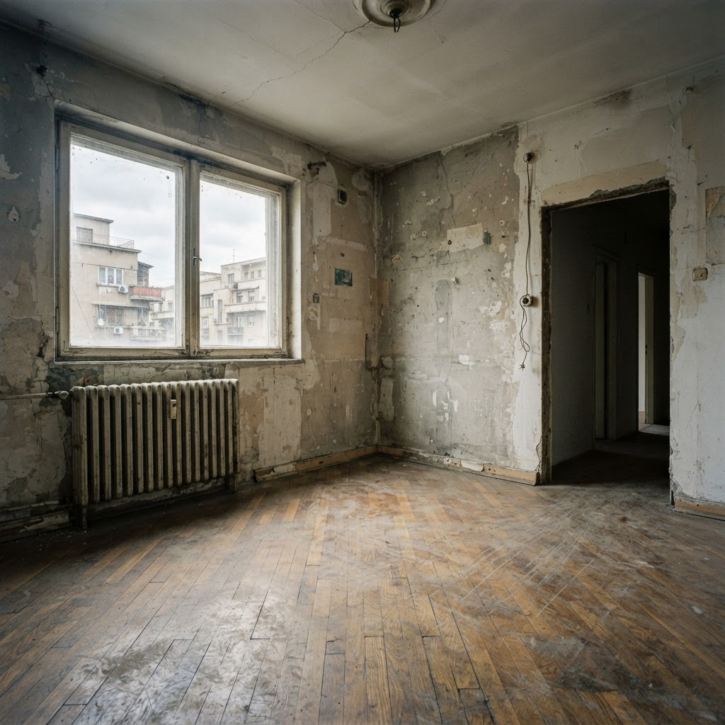 Living apartament 3 camere Titan, înainte de renovare, pereți nefinisați și parchet uzat