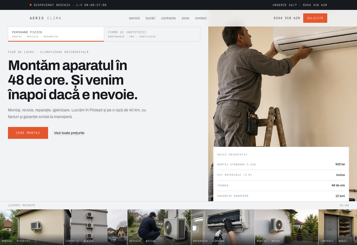 Model de site pentru Instalații climatice — captură AERIS