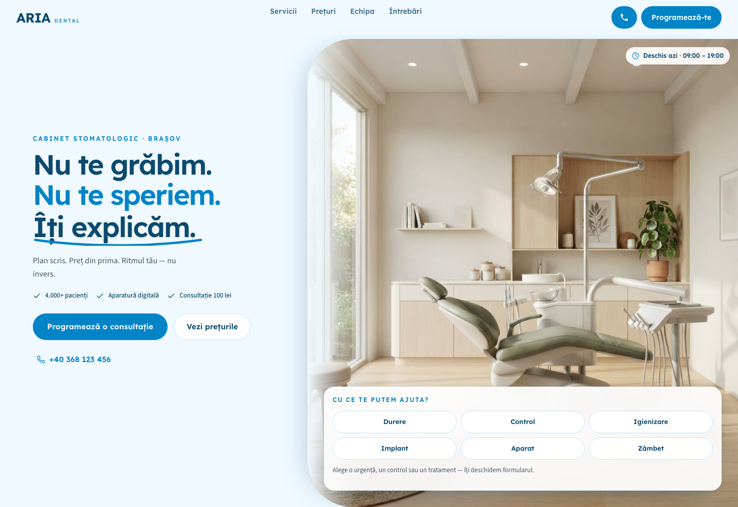 Model de site pentru Cabinet stomatologic — captură ARIA DENTAL