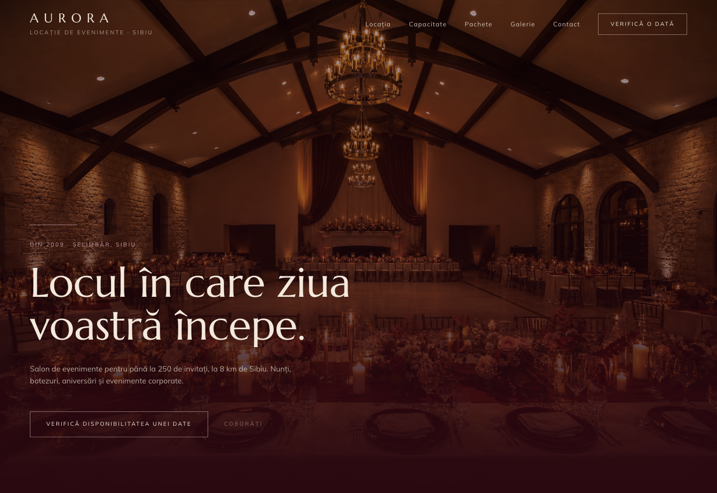 Model de site pentru Sală de evenimente — captură AURORA