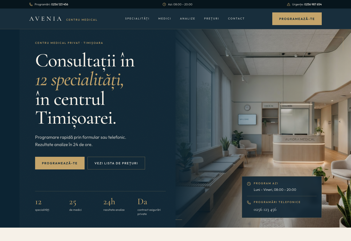 Model de site pentru Centru medical — captură AVENIA