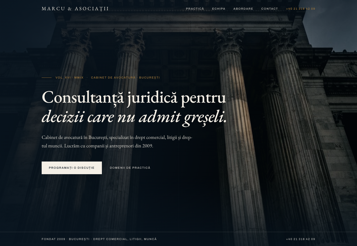 Model de site pentru Cabinet de avocatură — captură MARCU & ASOCIAȚII