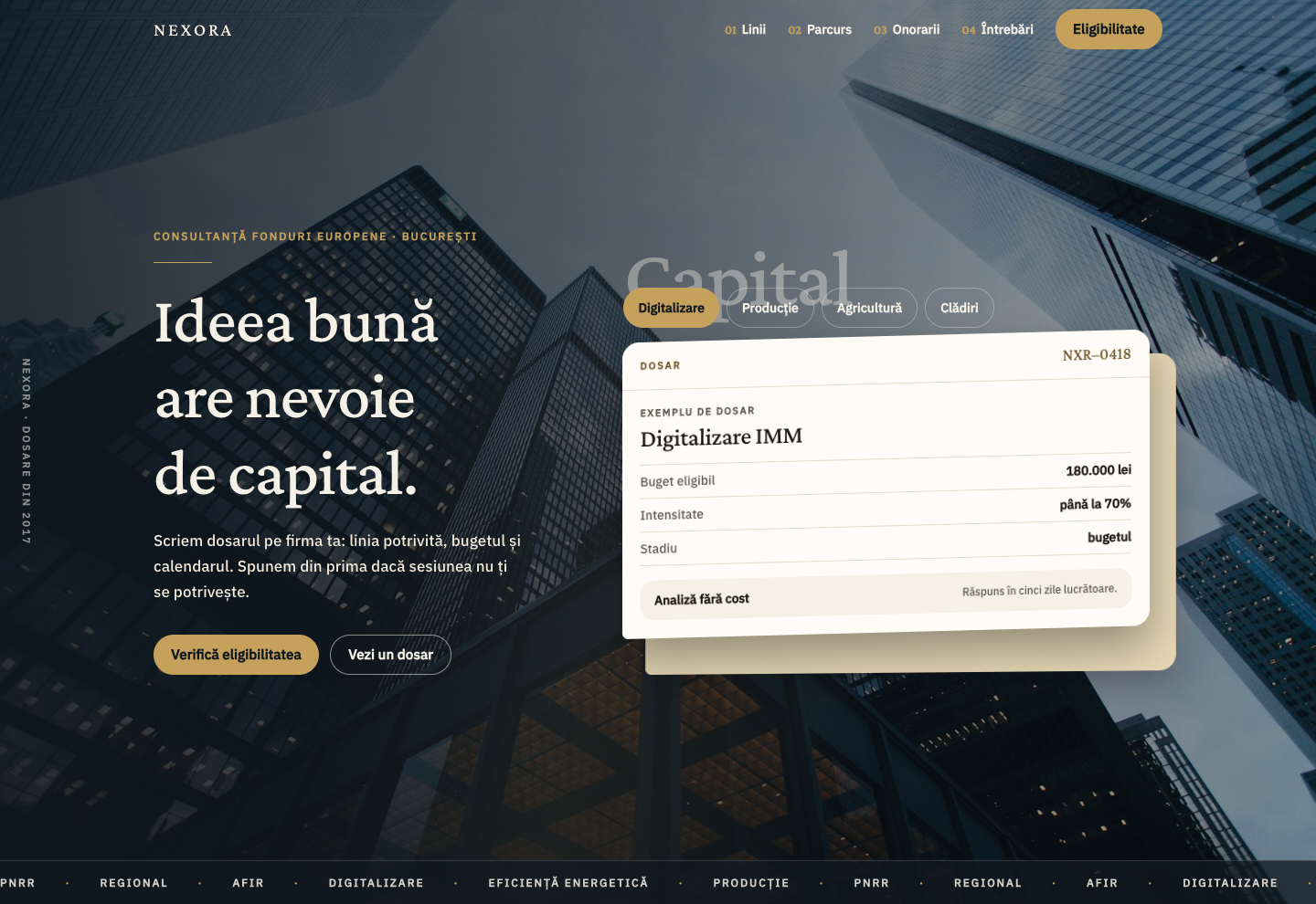 Model de site pentru Consultanță fonduri europene — captură NEXORA